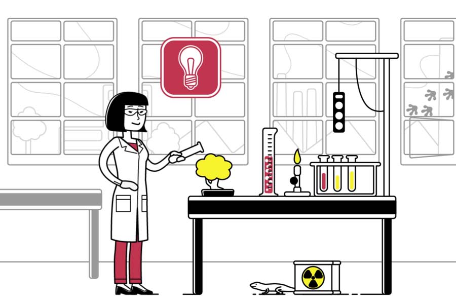 Gezeichnete Frau im Labor führt Experimente durch im Erklärvideo